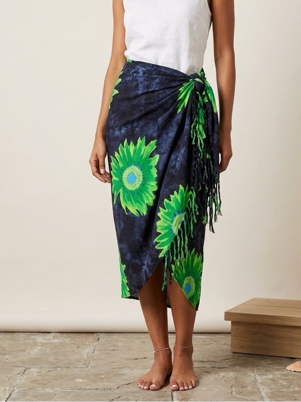 In Gear Neon Sunflower Fringed Rayon Sarong Swim Cover Up Shawl One Size